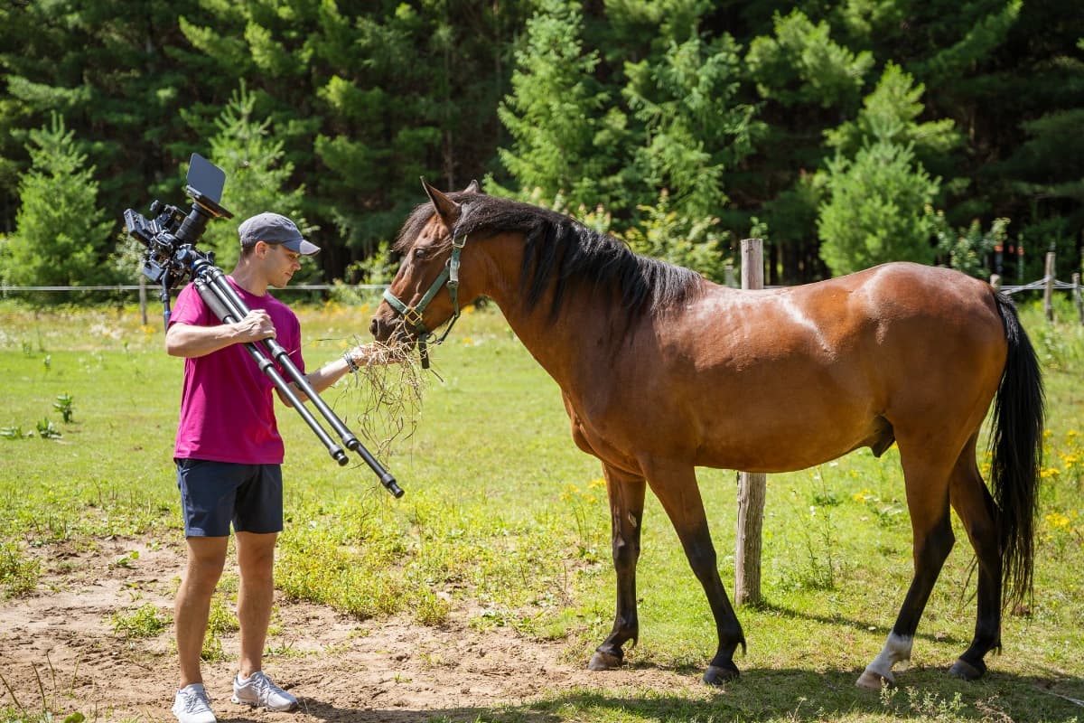 Cadreur de Pour Vrai en tournage extérieur à la campagne