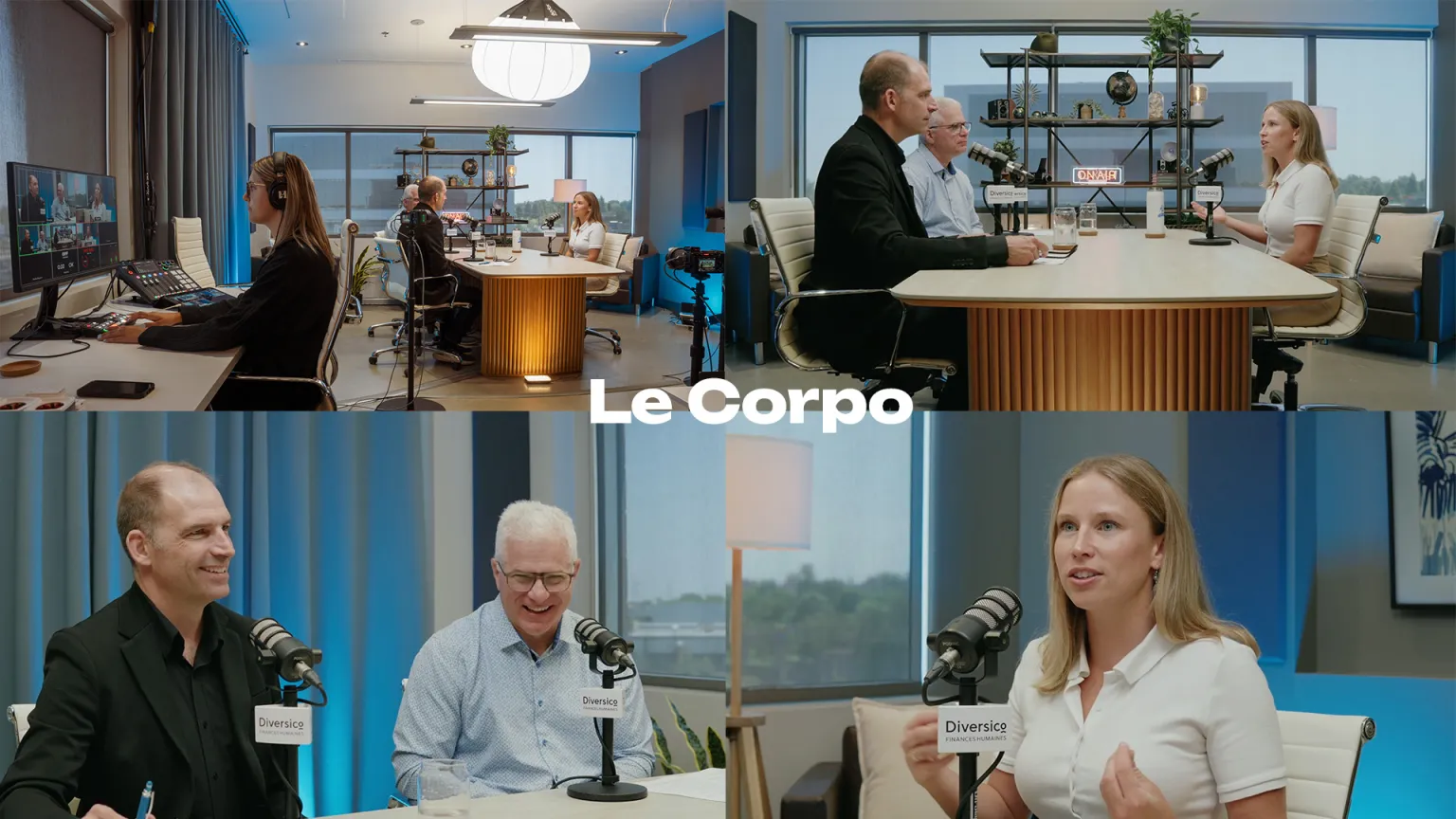 Le set Corpo pendant un tournage : la grande table, trois invités au micro et la régie à l'avant-plan